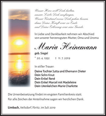 Traueranzeige von Maria Heinemann von Südthüringer Presse