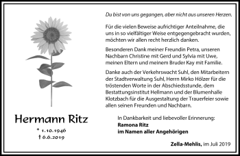 Traueranzeige von Hermann Ritz von Südthüringer Presse