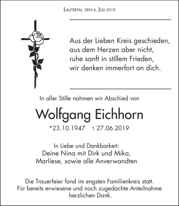 Traueranzeige von Wolfgang Eichhorn von Neue Presse Coburg