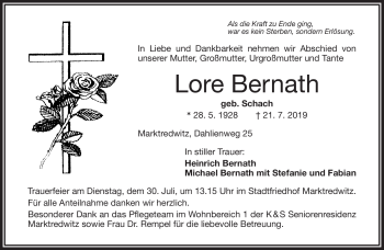 Traueranzeige von Lore Bernath von Frankenpost
