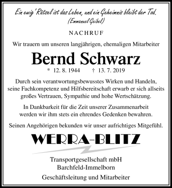 Traueranzeige von Bernd Schwarz von Südthüringer Presse