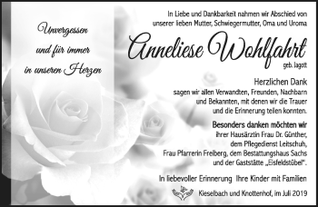 Traueranzeige von Anneliese Wohlfahrt von Südthüringer Presse