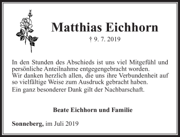 Traueranzeige von Matthias Eichhorn von Südthüringer Presse