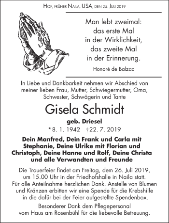 Traueranzeige von Gisela Schmidt von Frankenpost