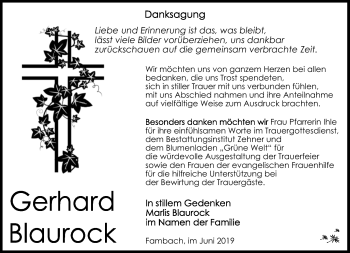 Traueranzeige von Gerhard Blaurock von Südthüringer Presse