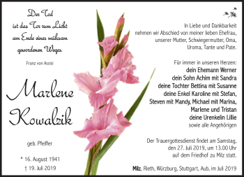 Traueranzeige von Marlene Kowalzik von Südthüringer Presse