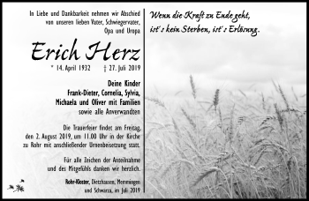 Traueranzeige von Erich Herz von Südthüringer Presse