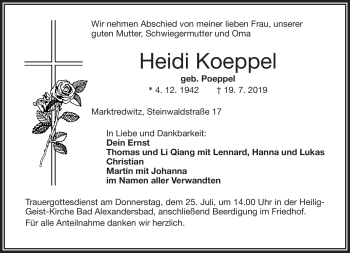 Traueranzeige von Heidi Koeppel von Frankenpost