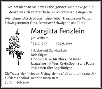 Traueranzeige von Margitta Frenzlein von Südthüringer Presse