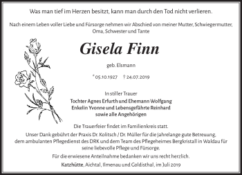 Traueranzeige von Gisela Finn von Südthüringer Presse