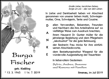 Traueranzeige von Burga Fischer von Südthüringer Presse