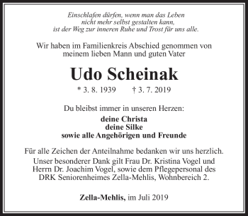 Traueranzeige von Udo Scheinak von Südthüringer Presse