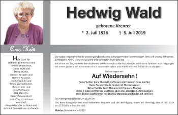 Traueranzeige von Hedwig Wald von Südthüringer Presse