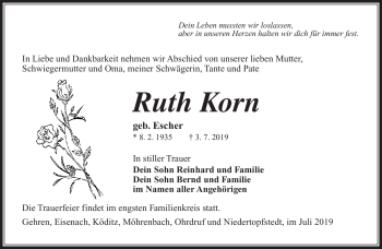 Traueranzeige von Ruth Korn von Südthüringer Presse