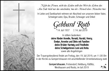Traueranzeige von Gebhard Roth von Südthüringer Presse