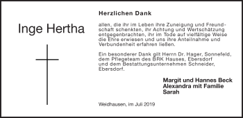 Traueranzeige von Inge Hertha von Neue Presse Coburg