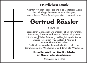 Traueranzeige von Gertrud Rössler von Südthüringer Presse