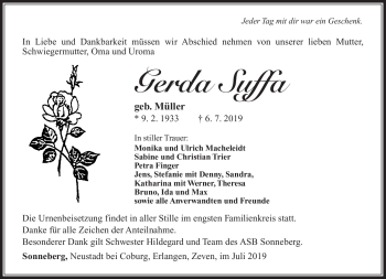 Traueranzeige von Gerda Suffa von Südthüringer Presse