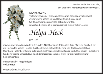 Traueranzeige von Helga Heck von Südthüringer Presse