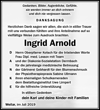 Traueranzeige von Ingrid Arnold von Südthüringer Presse