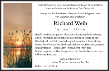 Traueranzeige von Richardt Weih von Südthüringer Presse