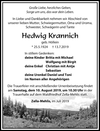 Traueranzeige von Hedwig Krannich von Südthüringer Presse