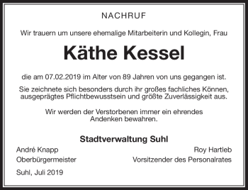 Traueranzeige von Käthe Kessel von Südthüringer Presse