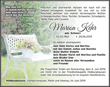 Traueranzeige von Marion Kehr von Südthüringer Presse