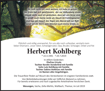 Traueranzeige von Herbert Kohlberg von Südthüringer Presse