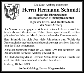 Traueranzeige von Hermann Schmidt von Frankenpost