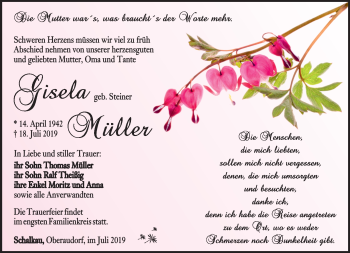 Traueranzeige von Gisela Müller von Südthüringer Presse