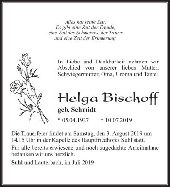 Traueranzeige von Helga Bischoff von Südthüringer Presse