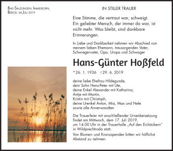 Traueranzeige von Hans-Günter Hoßfeld von Südthüringer Presse