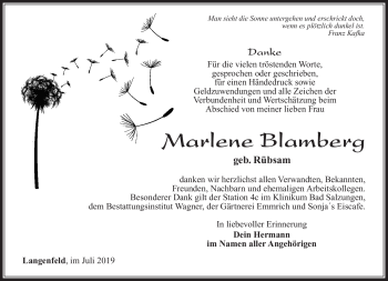 Traueranzeige von Marlene Blamberg von Südthüringer Presse