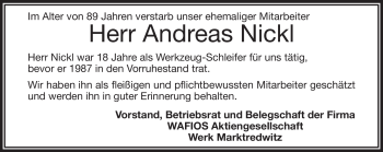 Traueranzeige von Andreas Nickl von Frankenpost