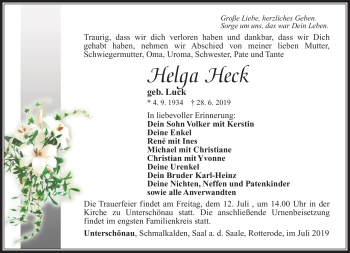 Traueranzeige von Helga Heck von Südthüringer Presse