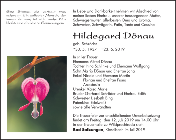 Traueranzeige von Hildegard Dönau von Südthüringer Presse