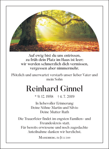 Traueranzeige von Reinhard Ginnel von Südthüringer Presse