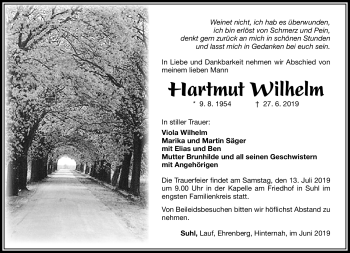 Traueranzeige von Hartmut Wilhelm von Südthüringer Presse