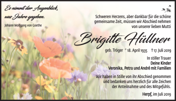 Traueranzeige von Brigitte Hüllner von Südthüringer Presse