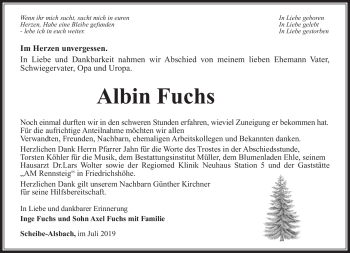 Traueranzeige von Albin Fuchs von Südthüringer Presse