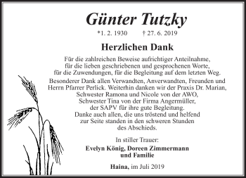 Traueranzeige von Günter Tutzky von Südthüringer Presse