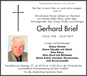 Traueranzeige von Gerhard Brief von Neue Presse Coburg