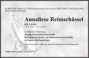 Traueranzeige von Annaliese Reimschüssel von Südthüringer Presse