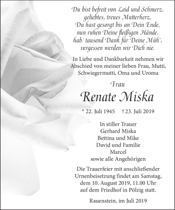 Traueranzeige von Renate Miska von Südthüringer Presse