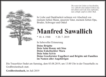 Traueranzeige von Manfred Sawallich von Südthüringer Presse