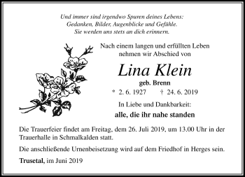Traueranzeige von Lina Klein von Südthüringer Presse