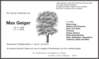 Traueranzeige von Max Geiger von Frankenpost