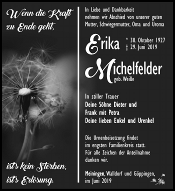 Traueranzeige von Erika Michelfelder von Südthüringer Presse