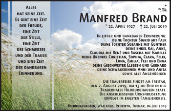 Traueranzeige von Manfred Brand von Südthüringer Presse